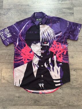 Hot Topic Men's Tokyo Ghoul Ken Kaneki Purple Graphic Print Button-Up Shirt S